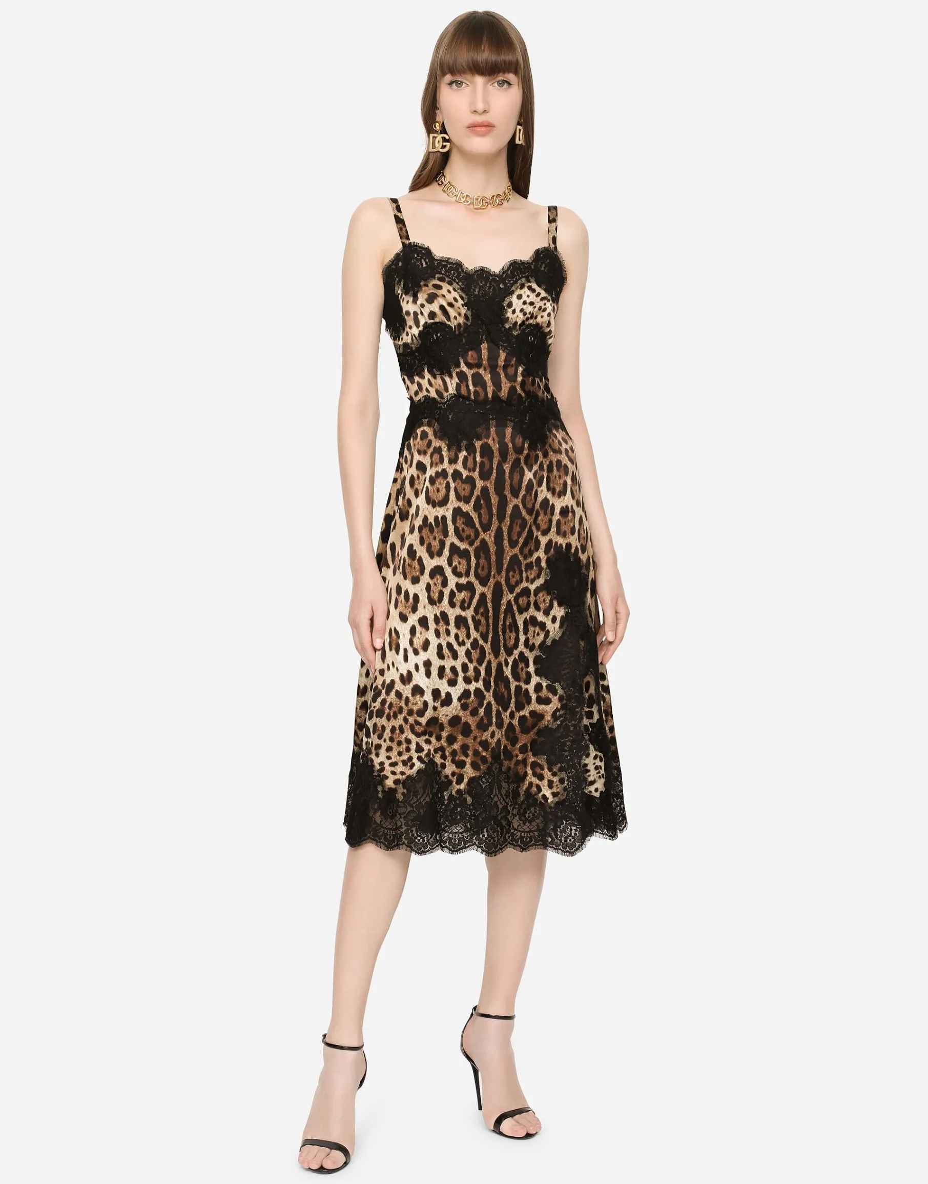 Leopard-print satin midi lingerie-style dress with lace trims