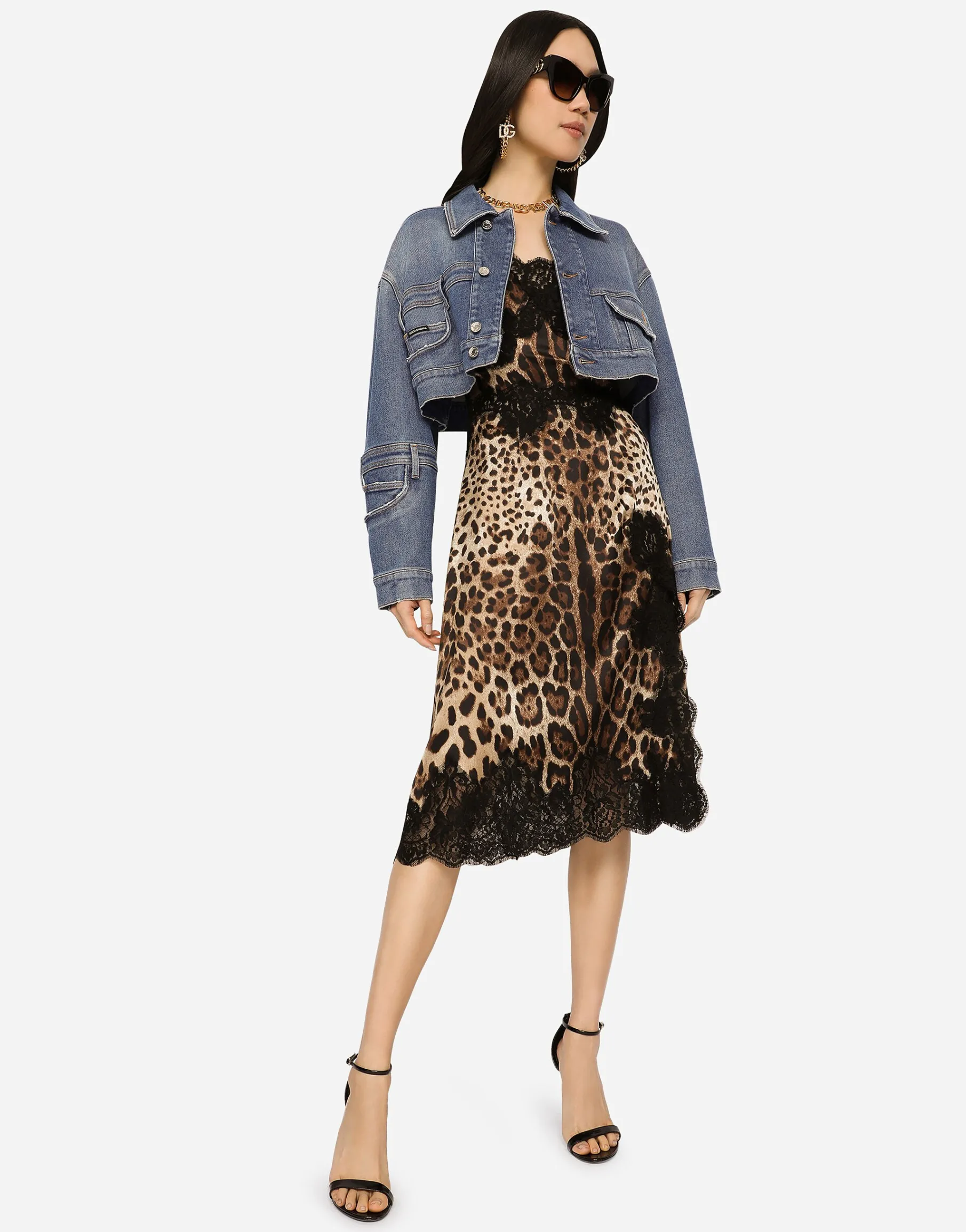 Leopard-print satin midi lingerie-style dress with lace trims
