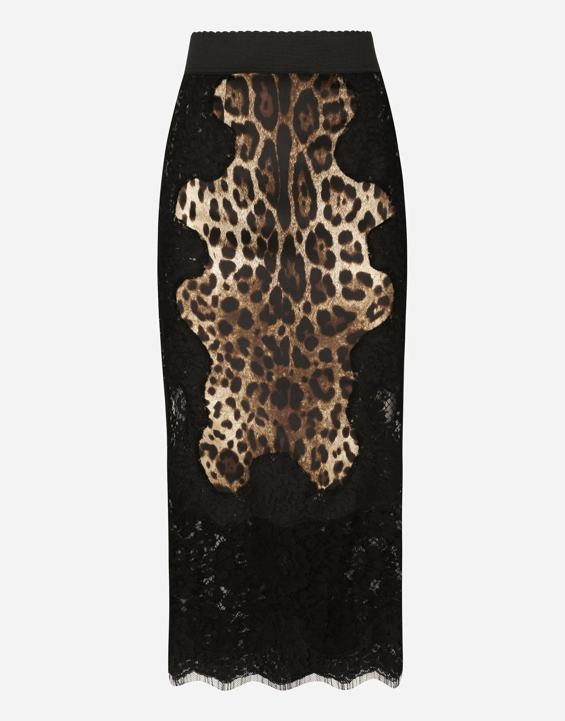 Leopard-print satin midi skirt with lace inserts