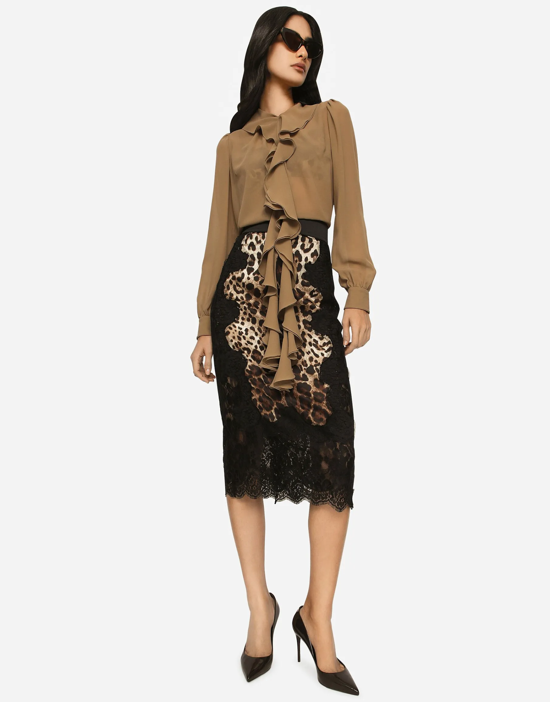 Leopard-print satin midi skirt with lace inserts