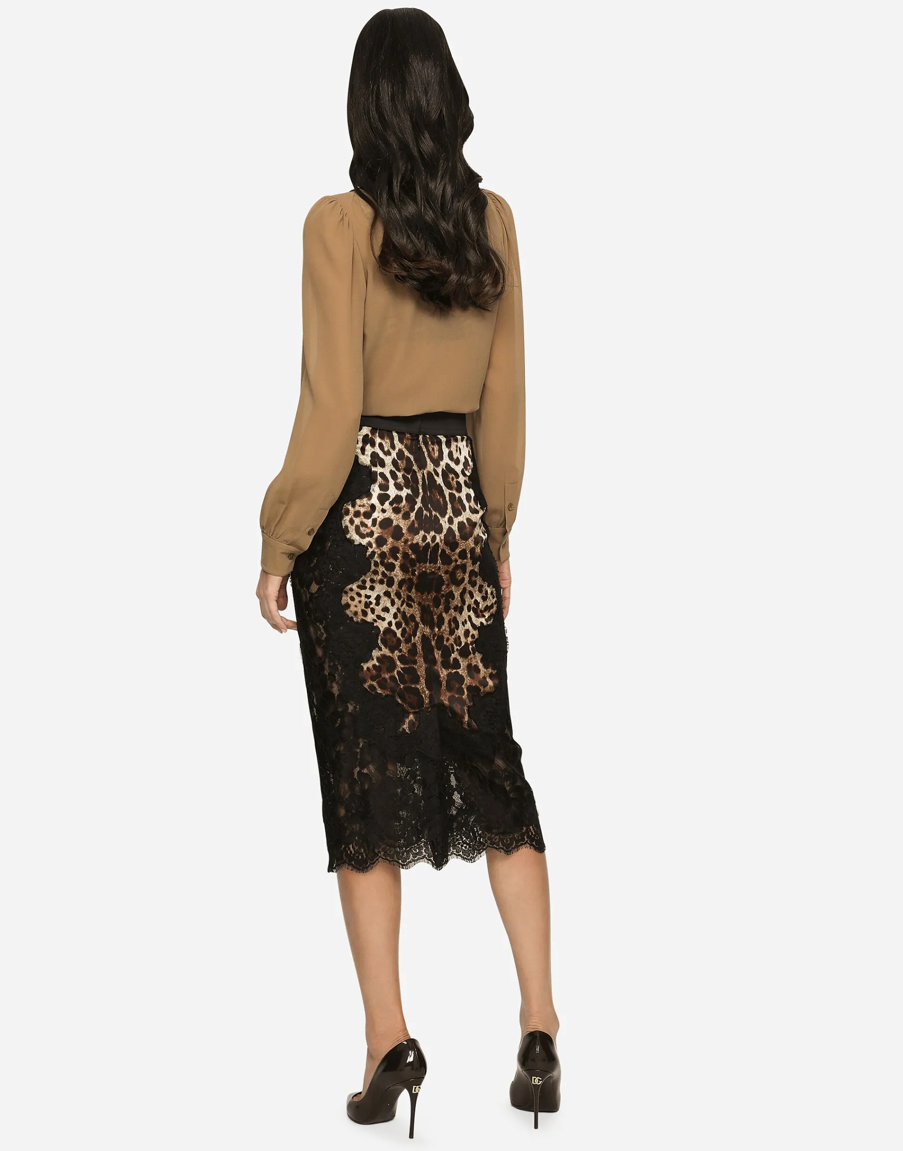 Leopard-print satin midi skirt with lace inserts