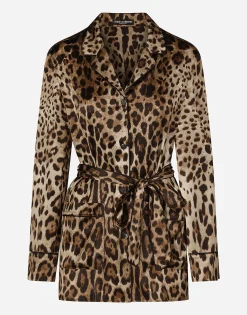 Leopard-print satin pajama shirt with belt