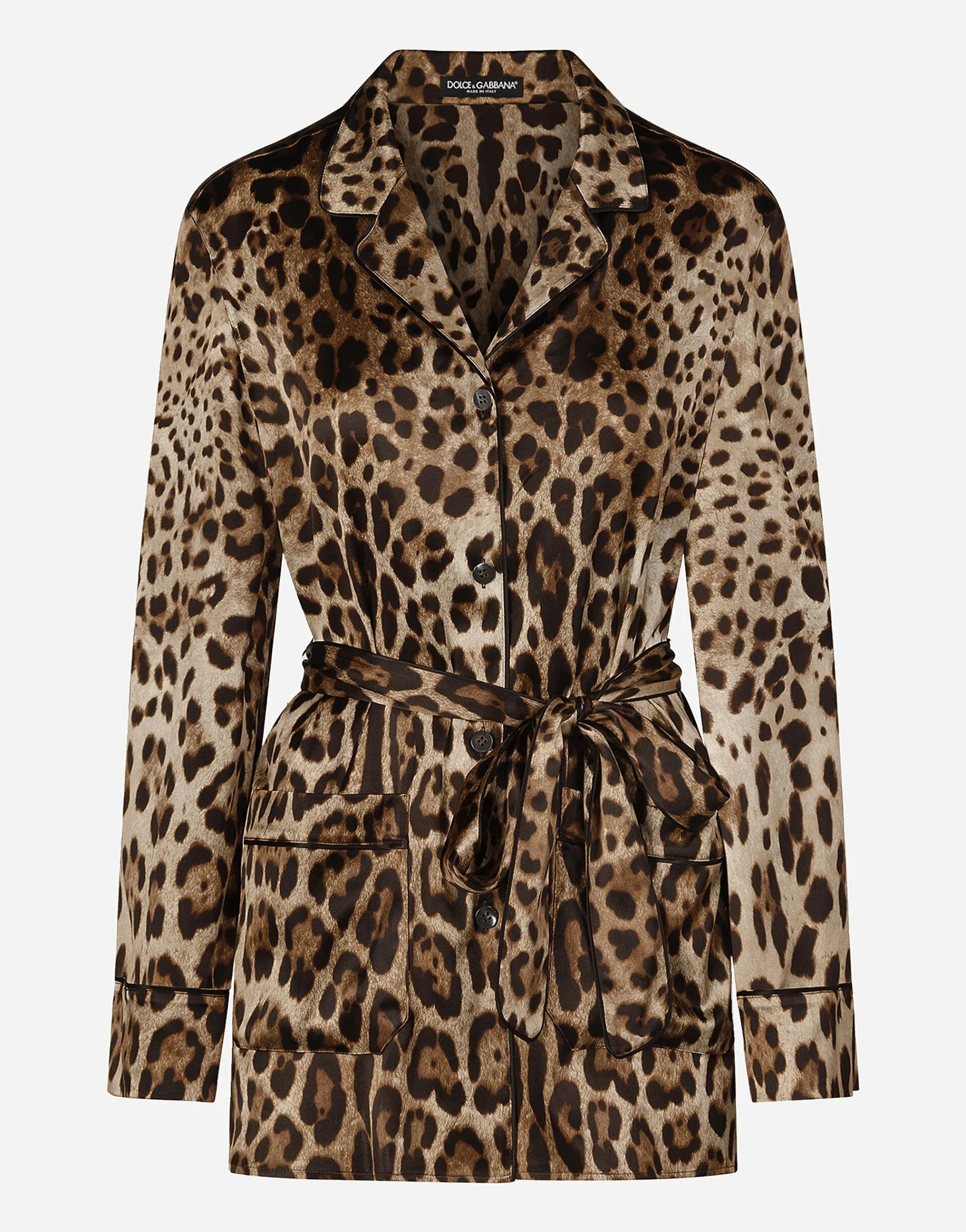 Leopard-print satin pajama shirt with belt