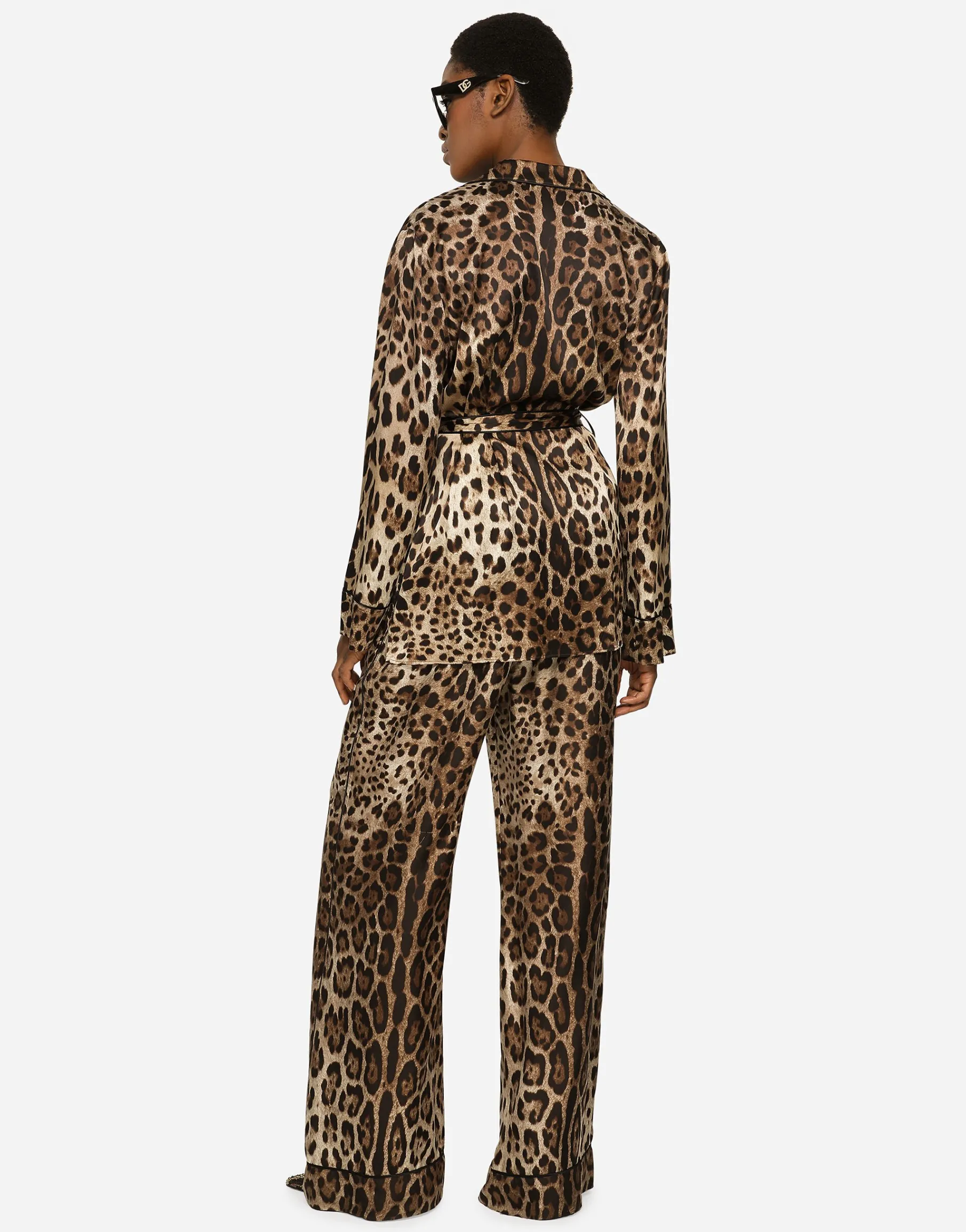Leopard-print satin pajama shirt with belt