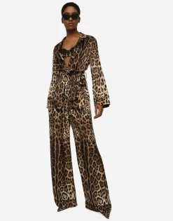 Leopard-print satin pajama pants