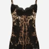 Leopard-print satin top with lace inlay