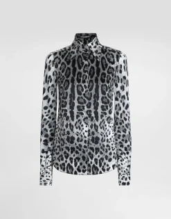 Leopard-print silk satin shirt
