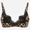 Leopard-print soft-cup satin bra with lace detailing