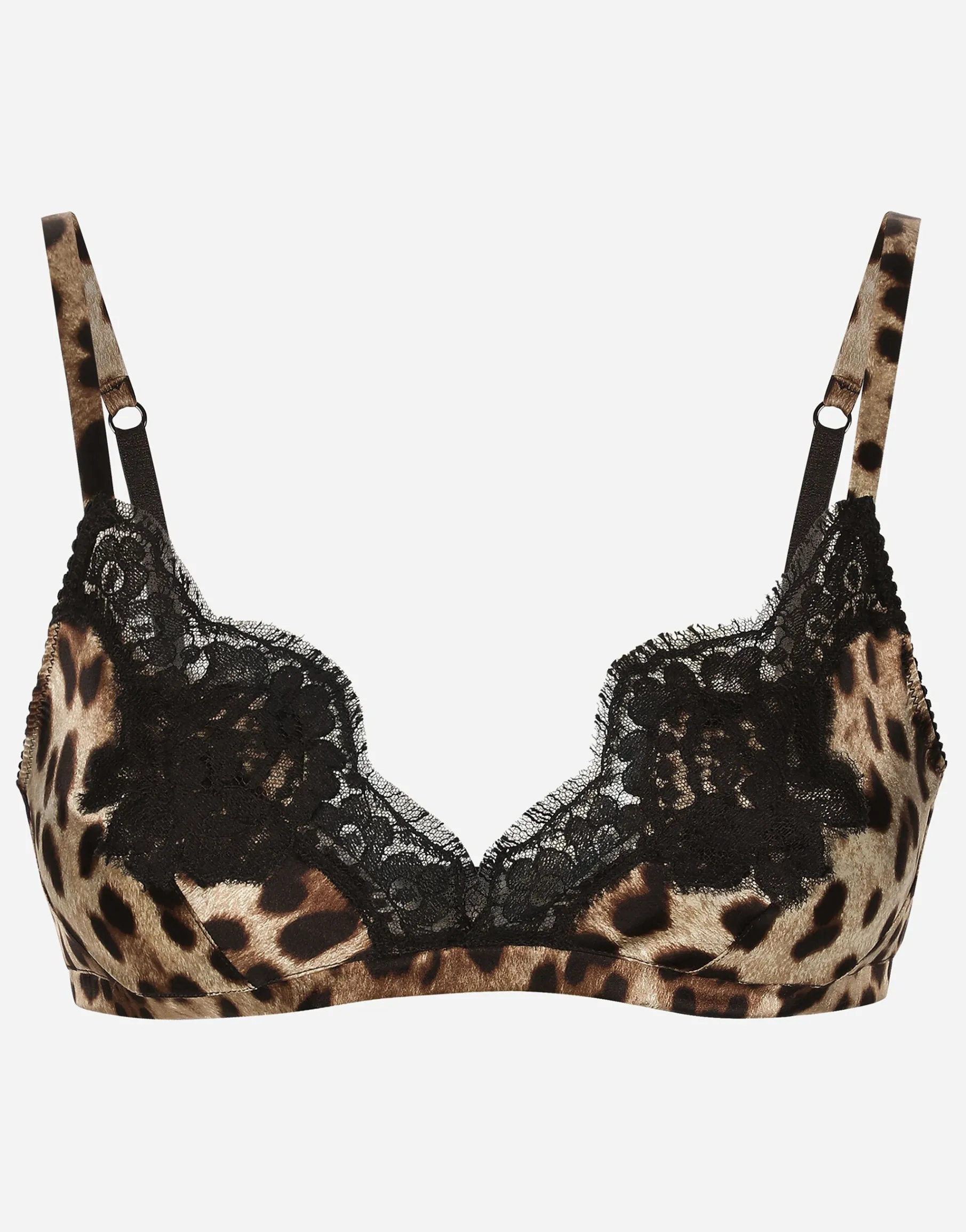 Leopard-print soft-cup satin bra with lace detailing