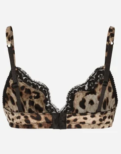 Leopard-print soft-cup satin bra with lace detailing
