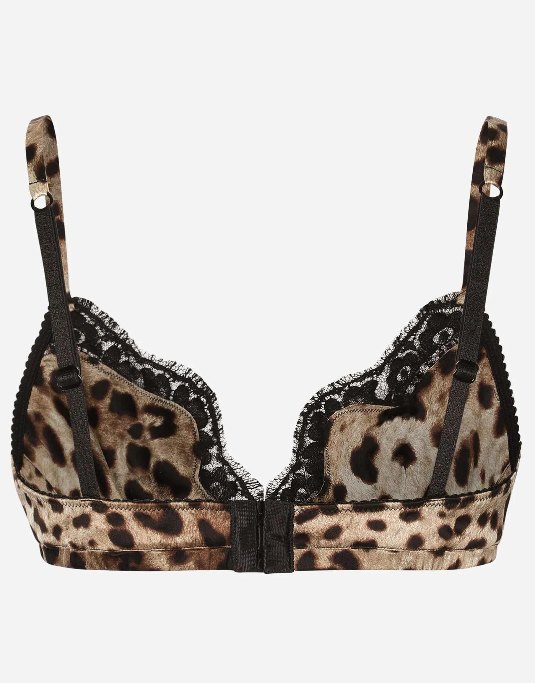 Leopard-print soft-cup satin bra with lace detailing