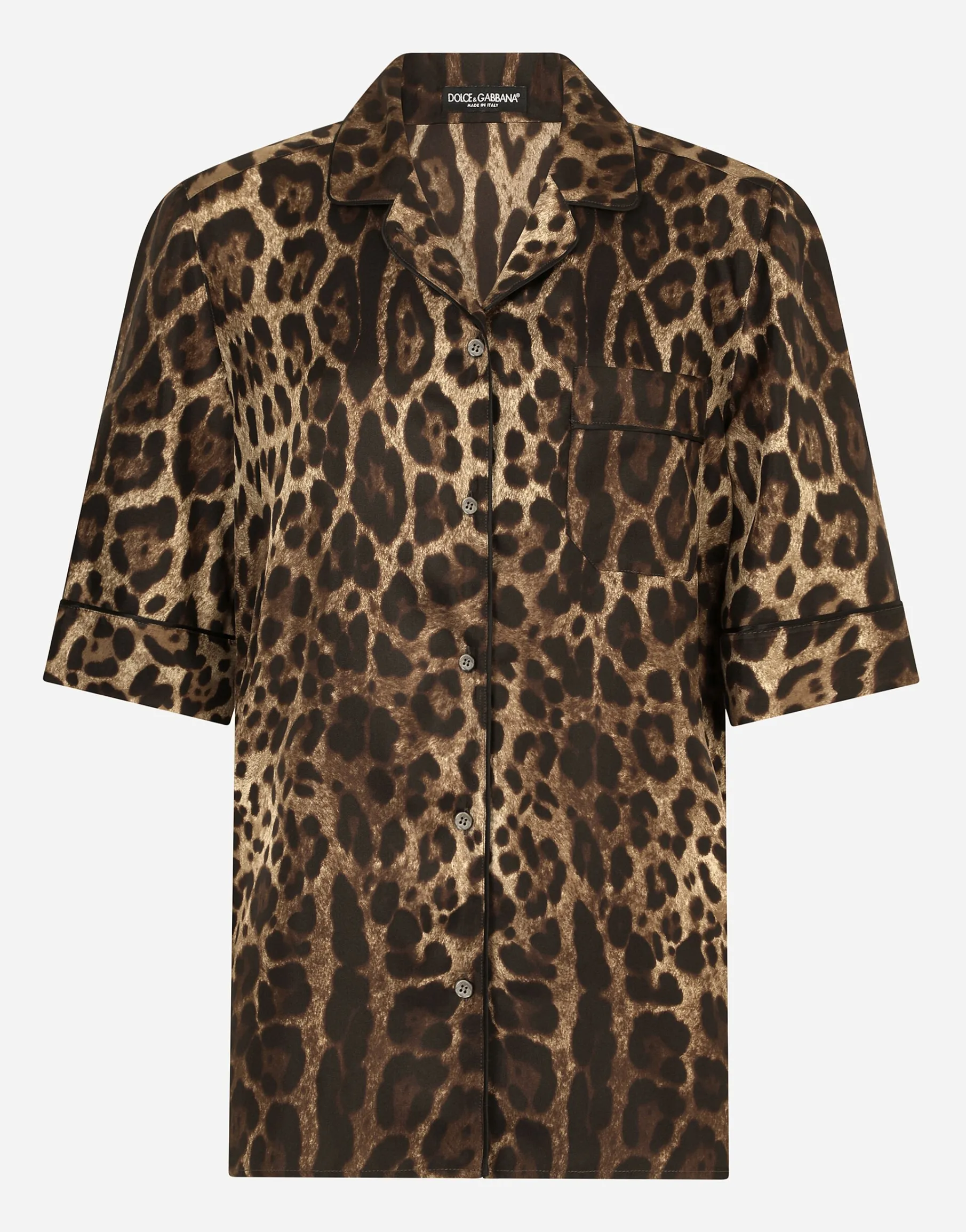 Leopard-print twill shirt with piping