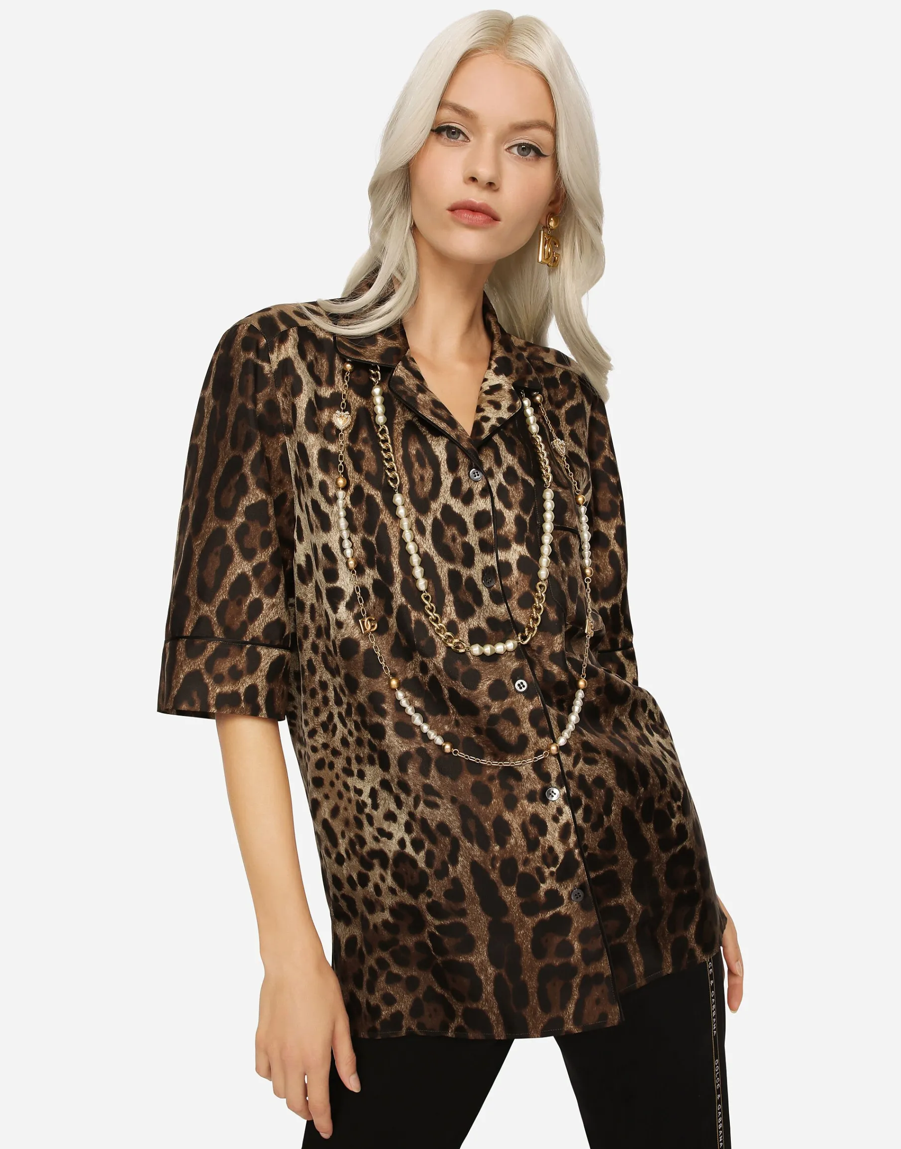 Leopard-print twill shirt with piping