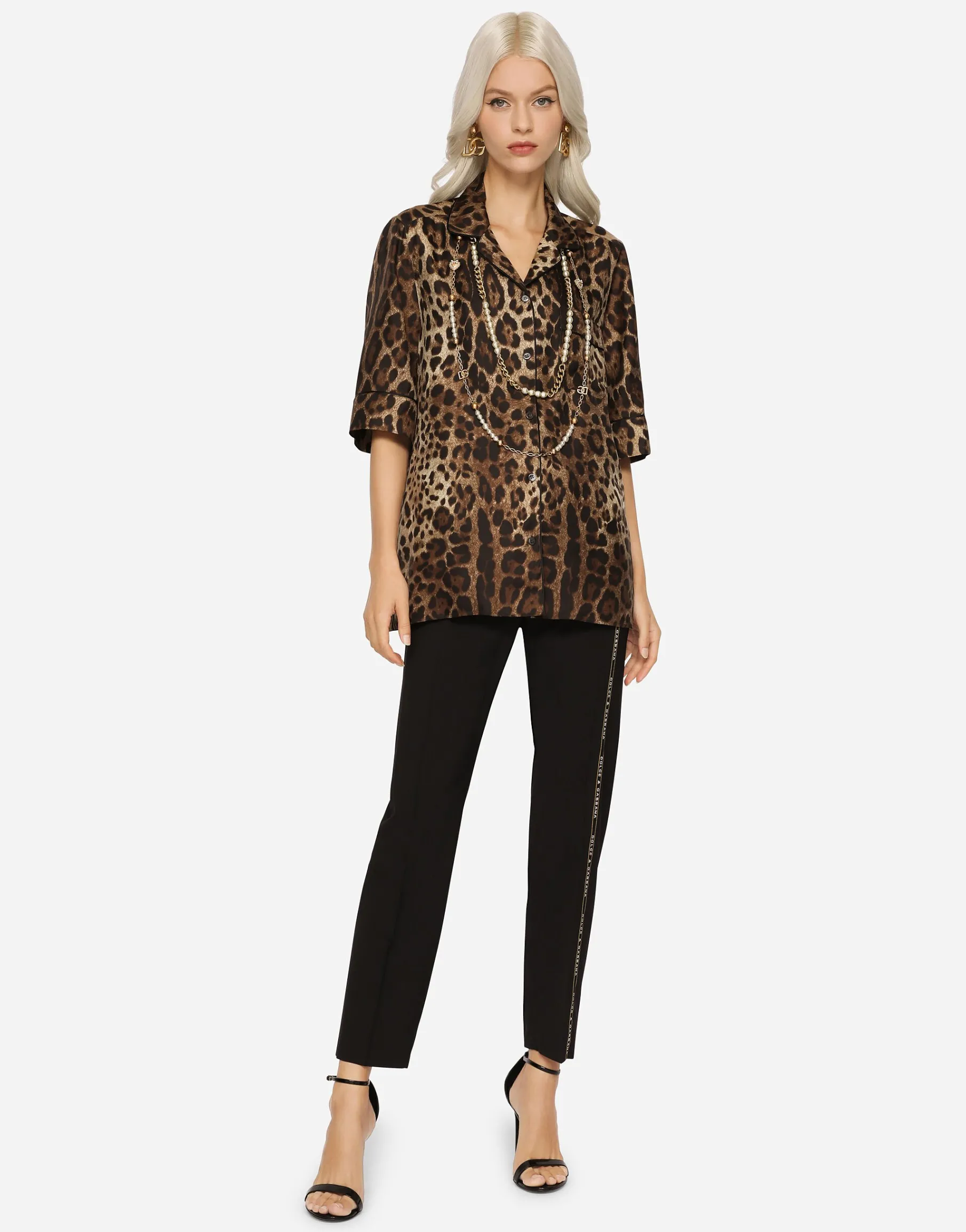 Leopard-print twill shirt with piping