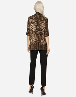 Leopard-print twill shirt with piping
