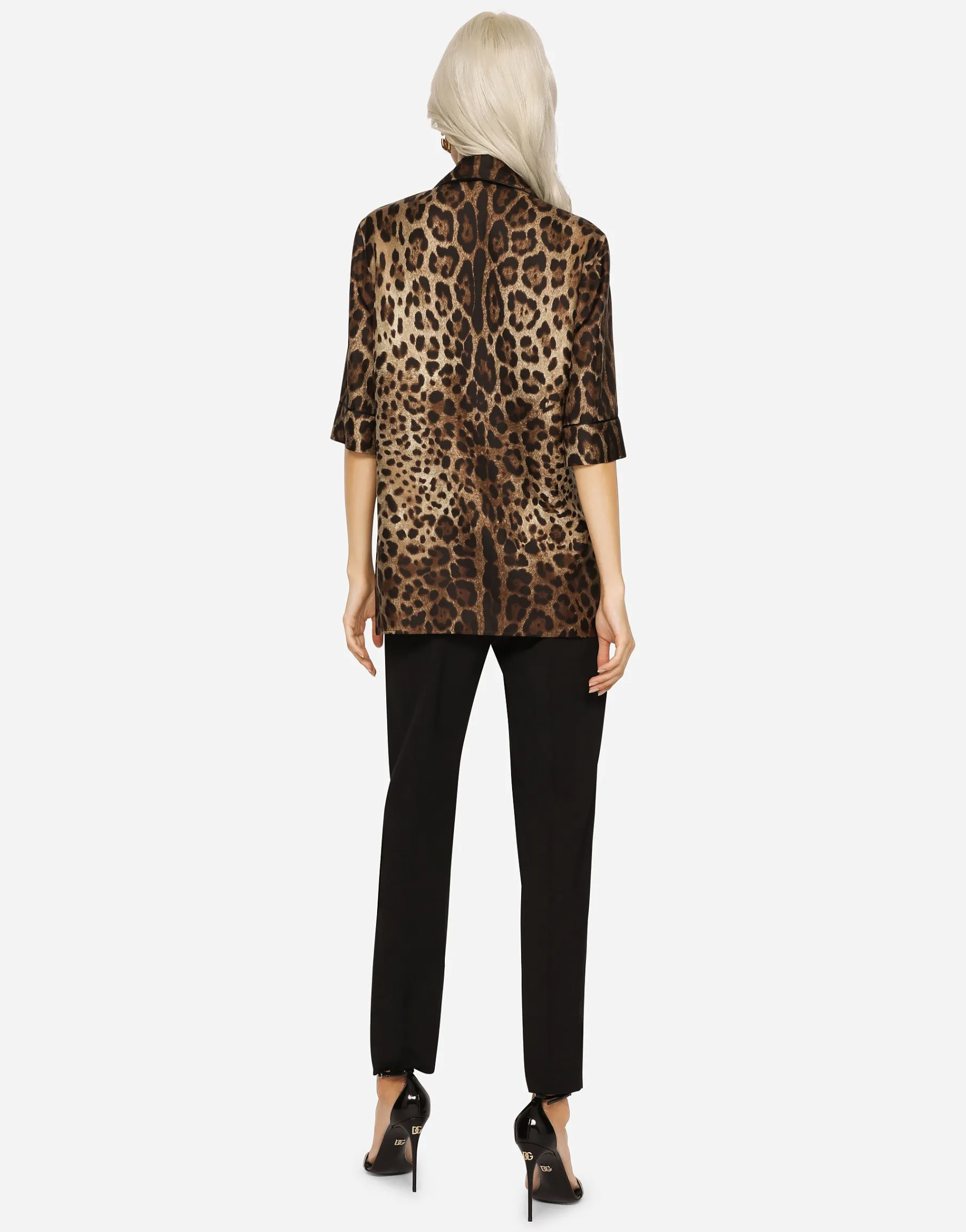 Leopard-print twill shirt with piping