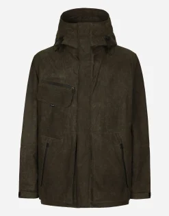 Lined technical fabric jacket with hood