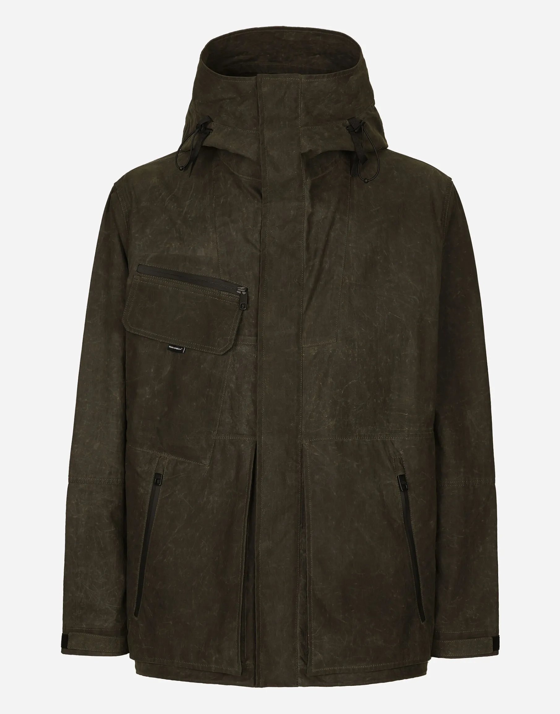 Lined technical fabric jacket with hood