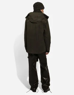 Lined technical fabric jacket with hood