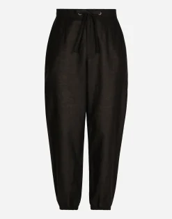 Linen and cotton jogging pants with logo label