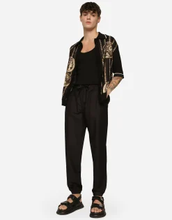 Linen and cotton jogging pants with logo label