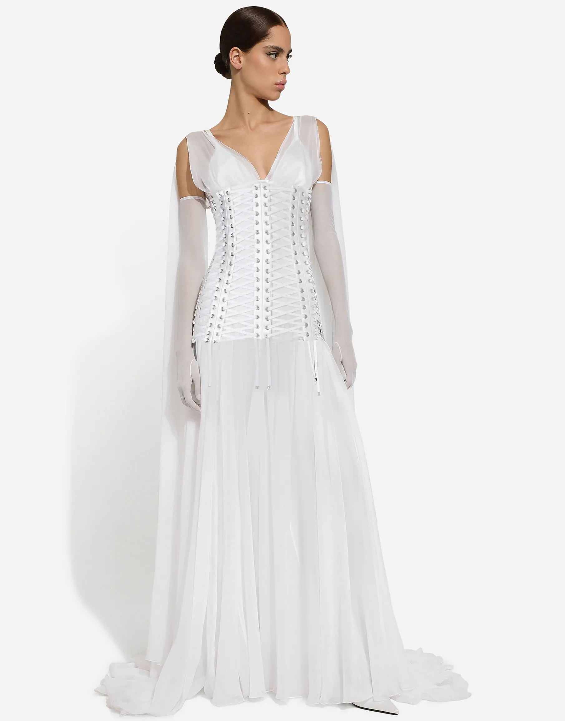 Long chiffon dress with corset details
