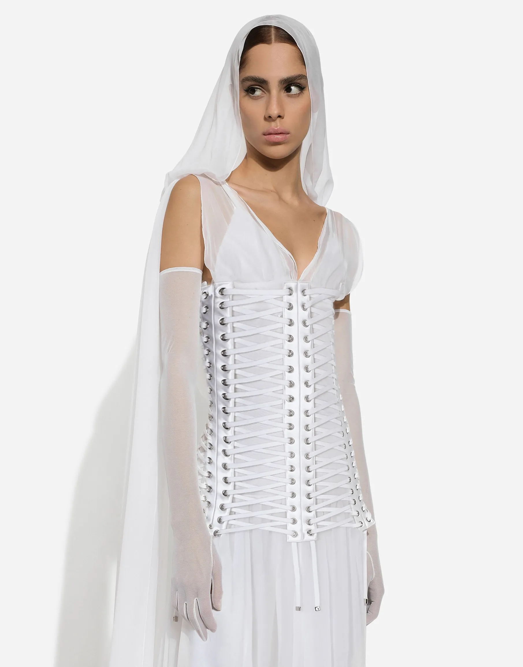 Long chiffon dress with corset details