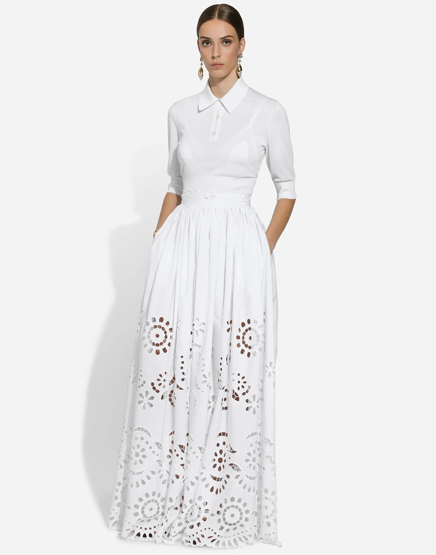 Long cotton circle skirt with cut-out detailing