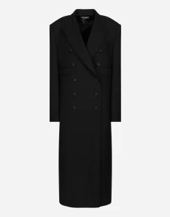 Long double-breasted tuxedo coat in double wool gabardine