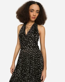 Long dress in polka-dot print chiffon