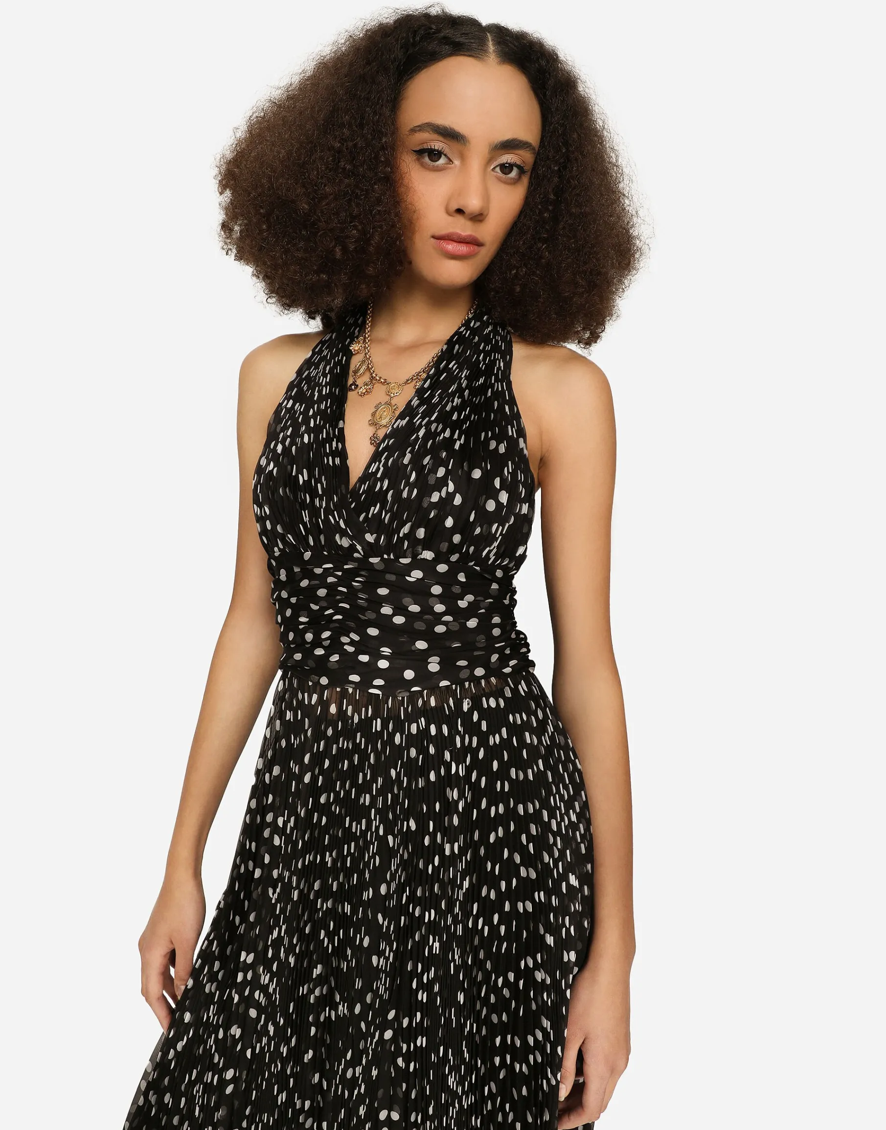 Long dress in polka-dot print chiffon