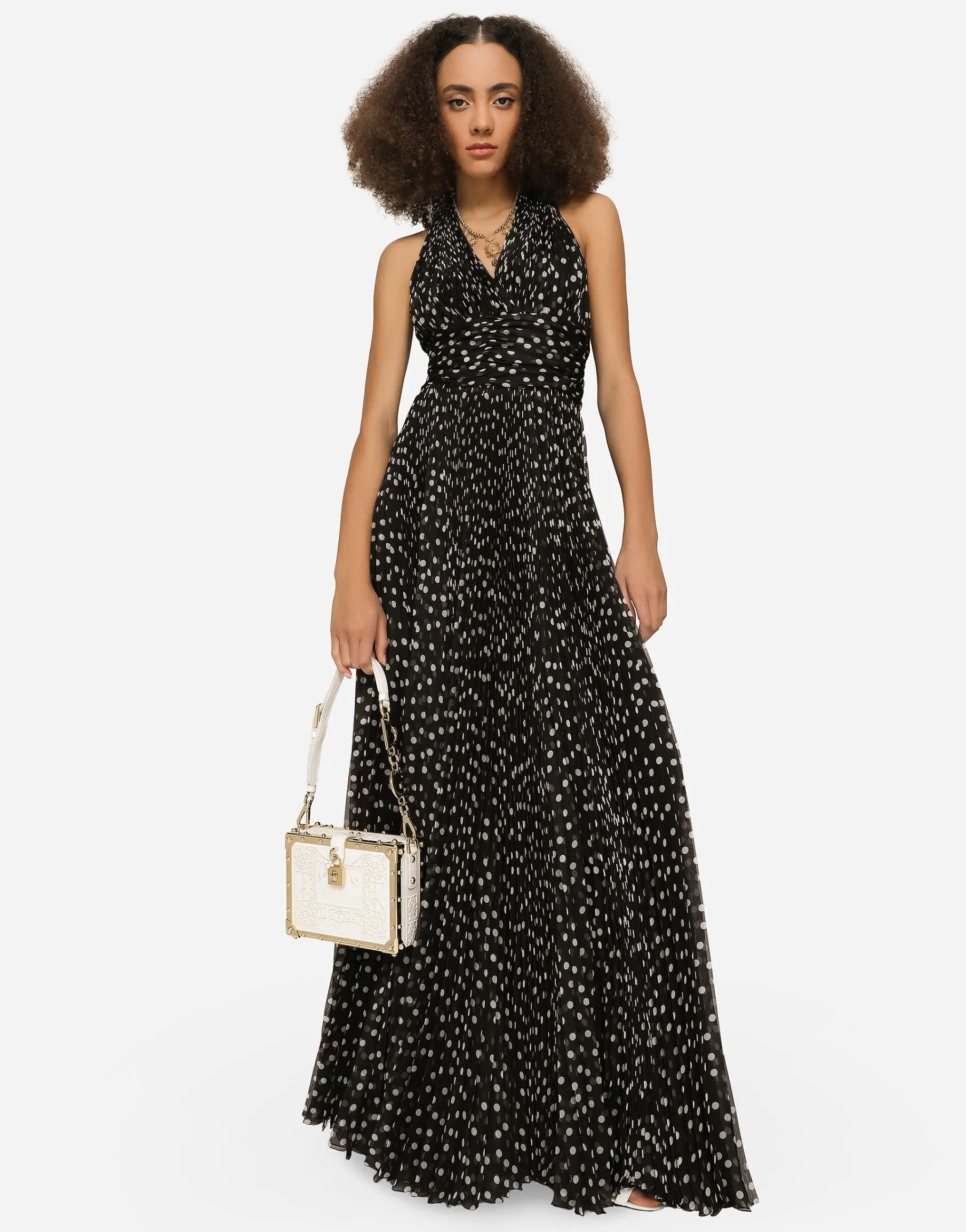 Long dress in polka-dot print chiffon