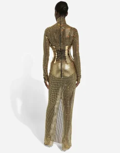 Long dress with all-over rhinestone embellishment on tulle