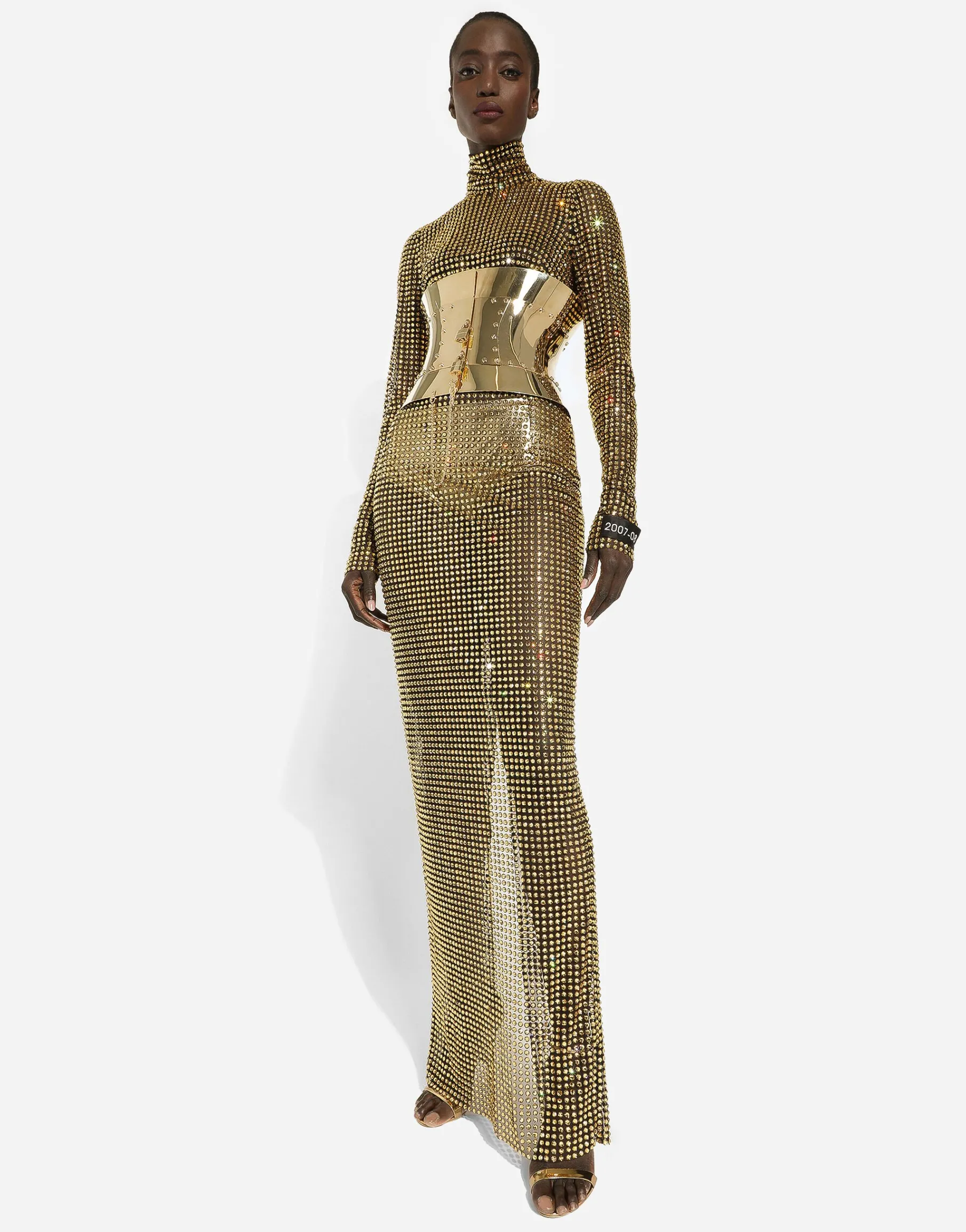 Long dress with all-over rhinestone embellishment on tulle