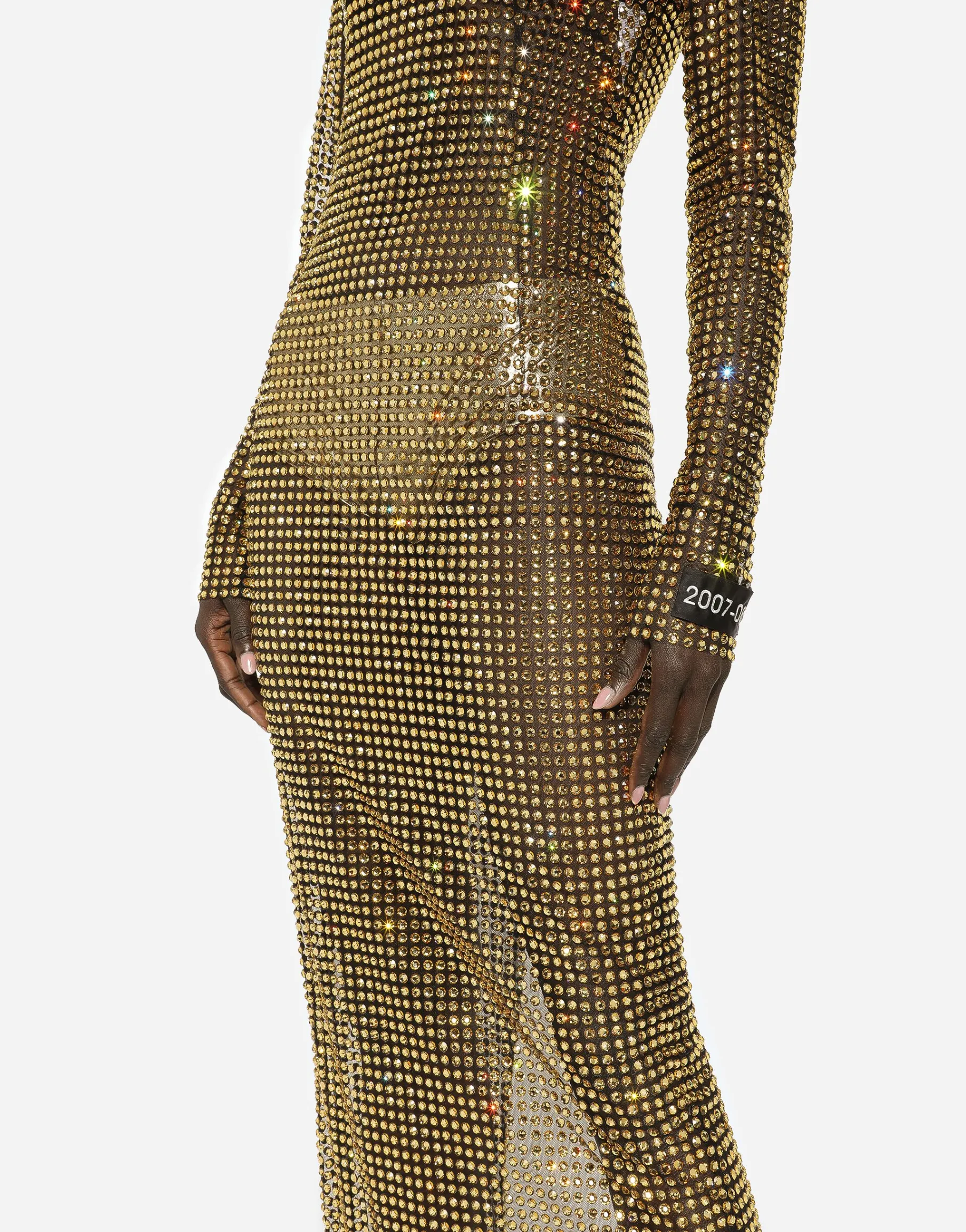 Long dress with all-over rhinestone embellishment on tulle