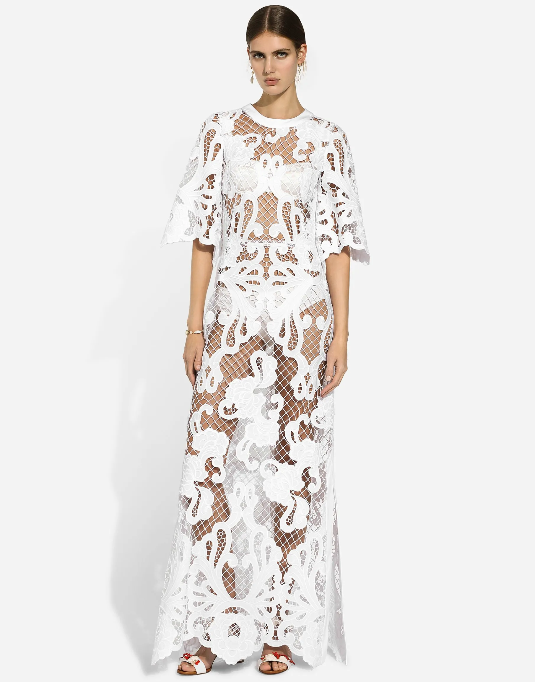 Long dress with openwork embroidery