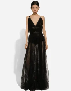 Long flocked lurex tulle dress