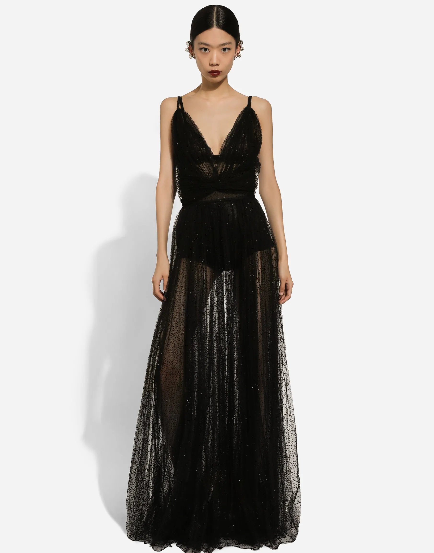 Long flocked lurex tulle dress