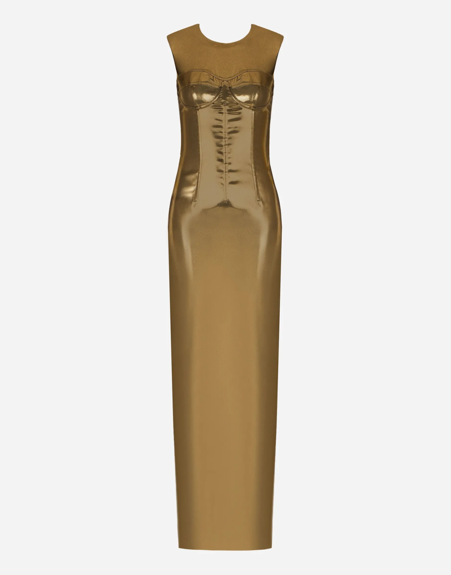 Long foiled satin corset dress