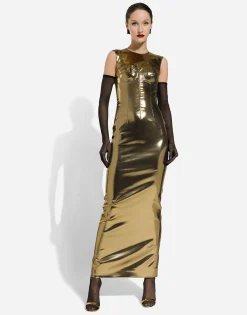 Long foiled satin corset dress