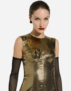 Long foiled satin corset dress