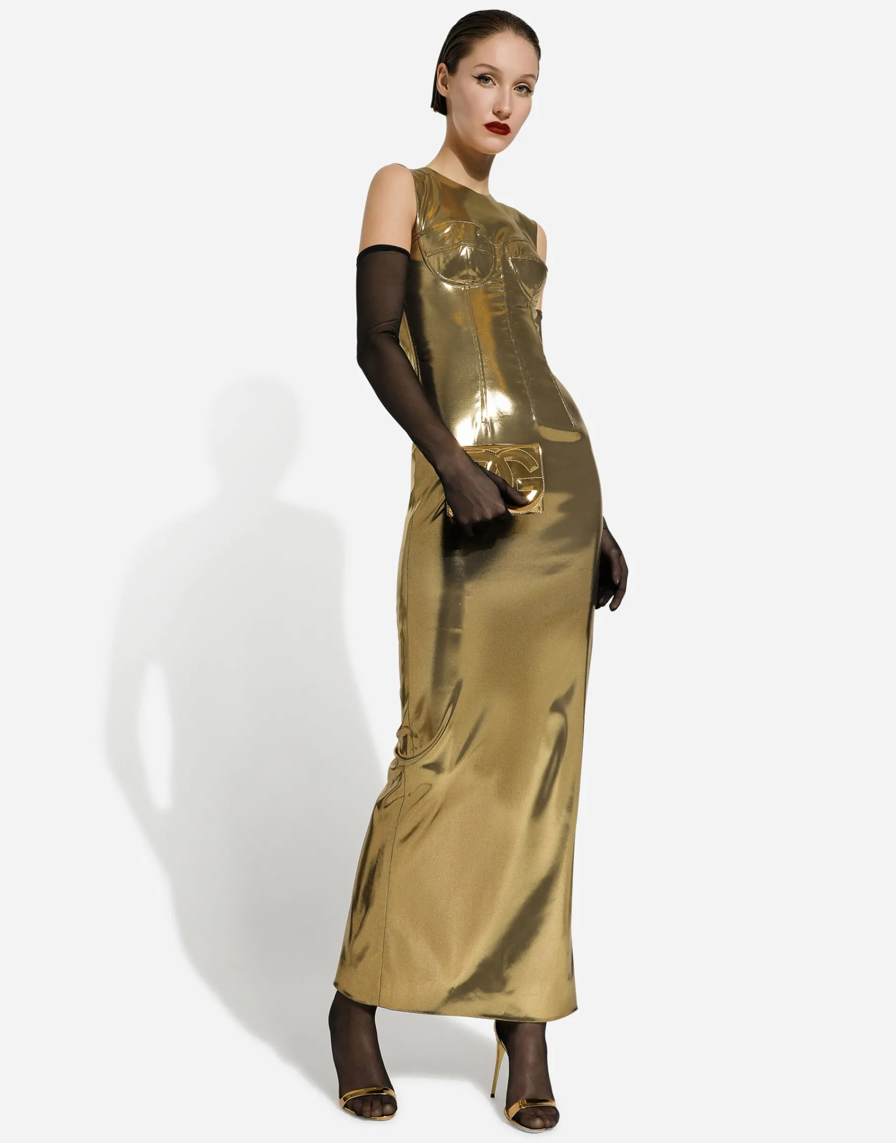 Long foiled satin corset dress