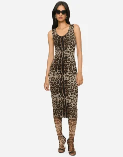 Long jersey dress with jacquard leopard design