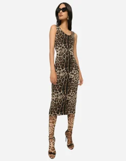 Long jersey dress with jacquard leopard design