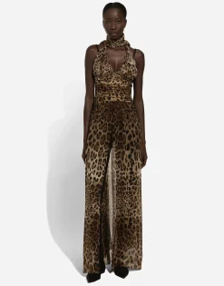 Long leopard-print chiffon dress