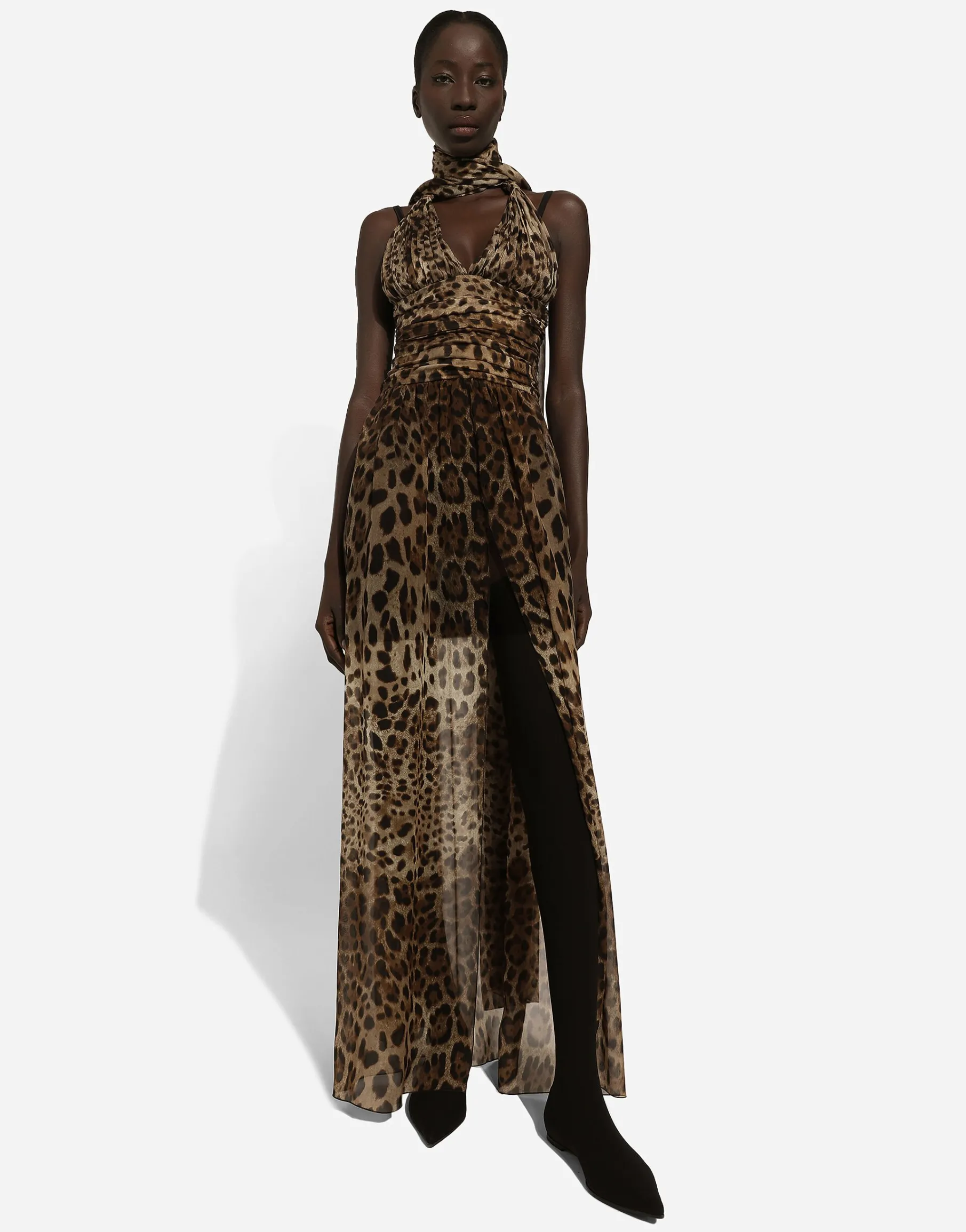 Long leopard-print chiffon dress