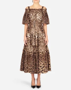 Long leopard-print poplin dress
