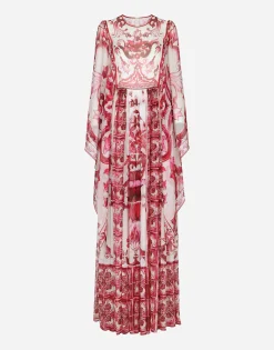Long Majolica-print chiffon dress
