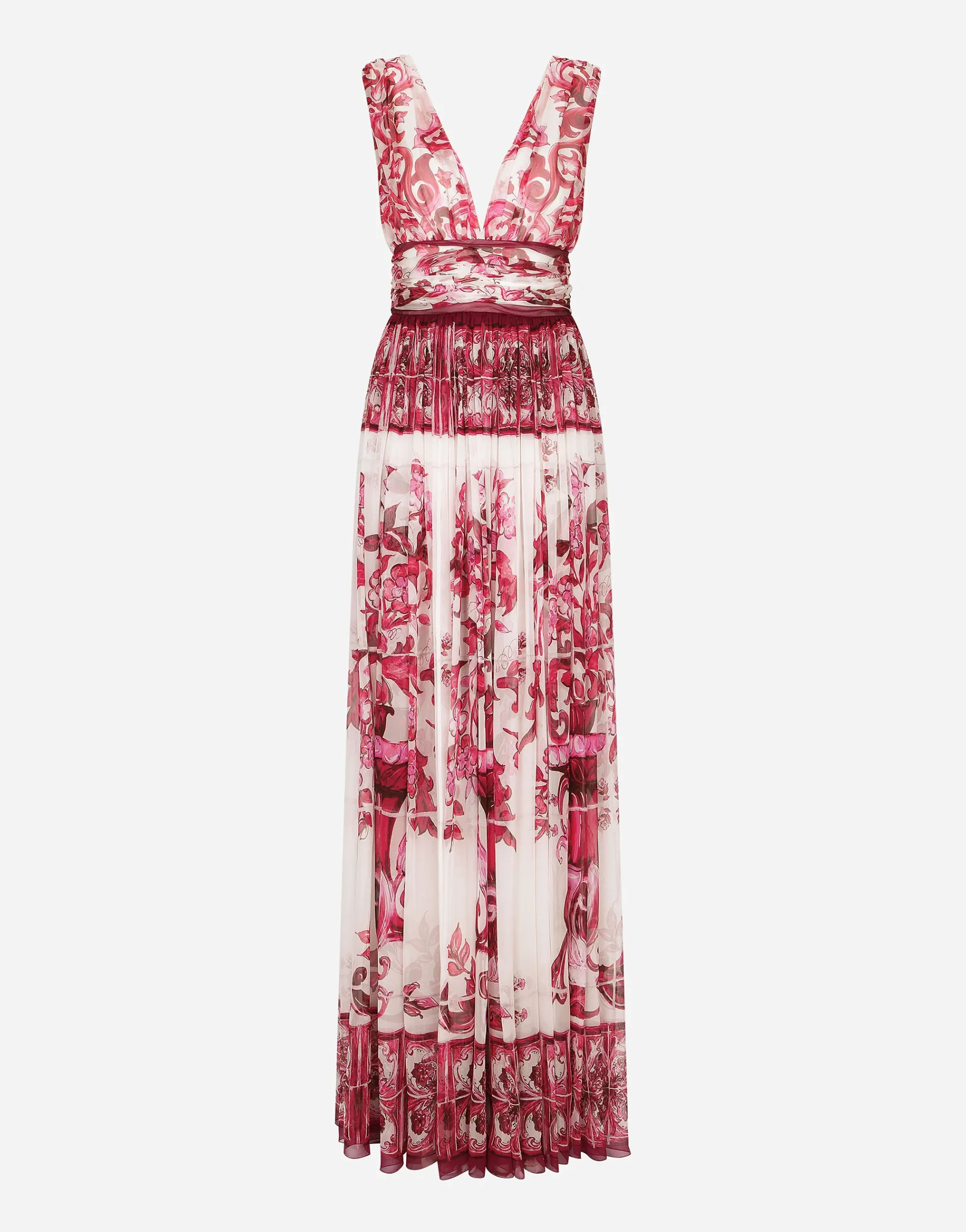 Long Majolica-print chiffon dress