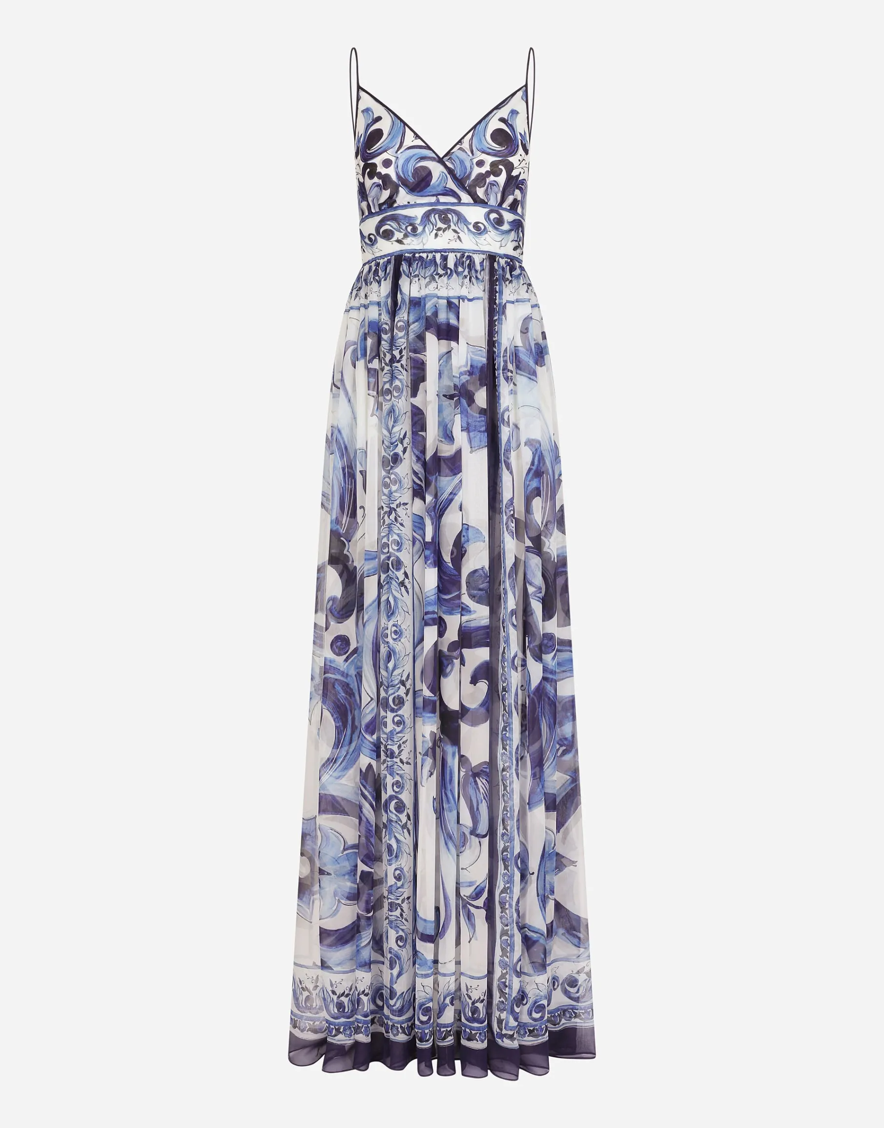 Long majolica-print chiffon dress